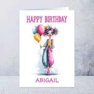 Stijlvolle clown meisje met ballonnen verjaardag kaart