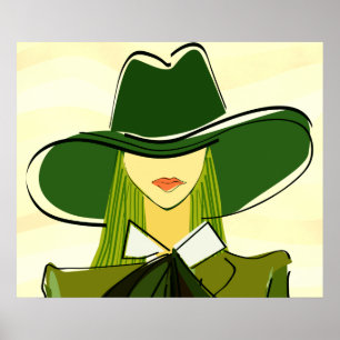 Stijlvolle dame in groen met poster voor mode van