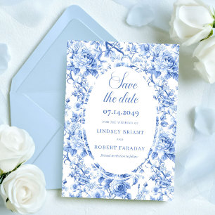 Stijlvolle diepblauwe bloemige "Save the Date" Huw Aankondiging
