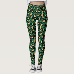 Stijlvolle donkergroene en gouden folie luipaardvl leggings