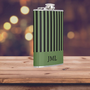 Stijlvolle donkergroene en zwarte strepen Monogram Heupfles