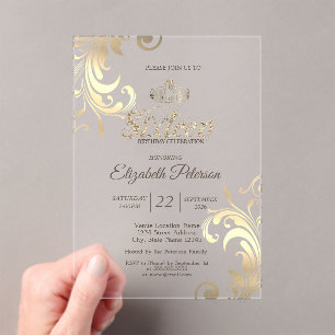 Stijlvolle Elegante Krullen Gouden Tiara Sweet 16 Acryl Uitnodigingen