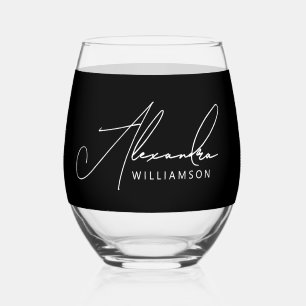 Stijlvolle Elegante Naam Zwart en Wit Calligrafie Wijnglas Zonder Voet