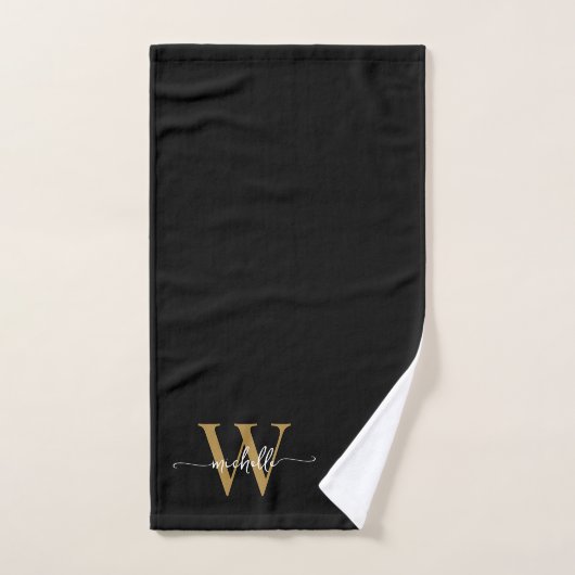 Stijlvolle Elegante Script Zwarte Gouden Monogramn Handdoek (Handdoek)