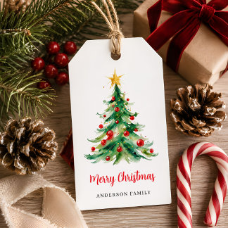 Stijlvolle en moderne waterverf kerstboom cadeaulabel
