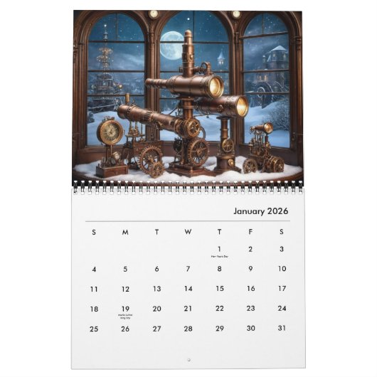 Stijlvolle esthetische retro Cool Cogs Gears Steam Kalender (Jan 2026)