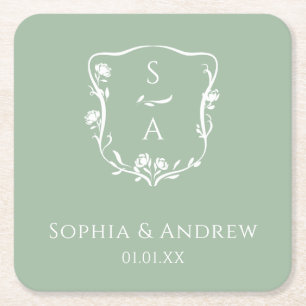 Stijlvolle Eucalyptus Monogram Roos Crest Wedding Vierkante Kartonnen Onderzetter