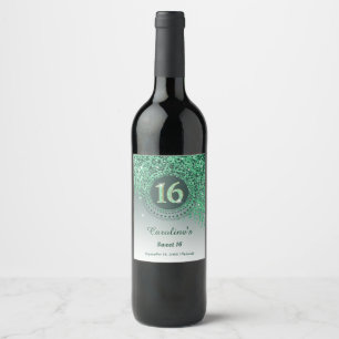 Stijlvolle Falling Green Glitter 16e verjaardag Wijn Etiket