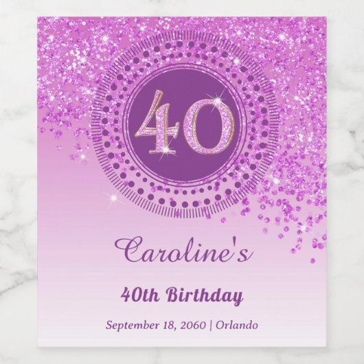 Stijlvolle Falling Pink Glitter 40e verjaardag Wijn Etiket (Enkel label)