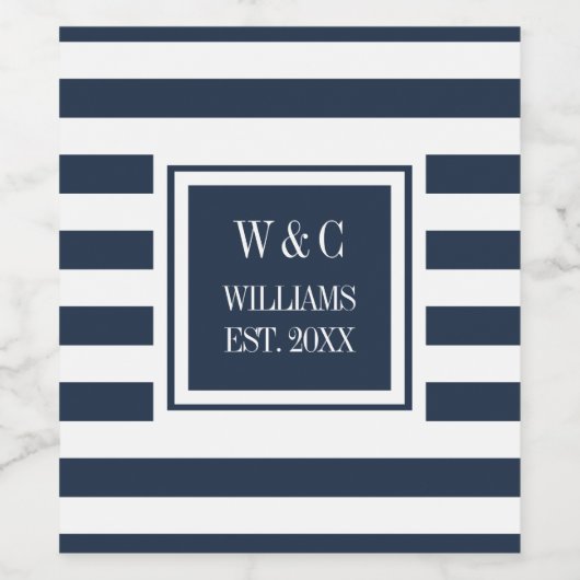 Stijlvolle familienaam Monogram Navy Blauwe Streep Wijn Etiket (Enkel label)