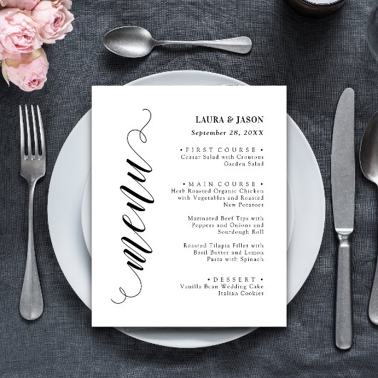 Stijlvolle Fancy Script Wedding Menu Kaart voor Bo