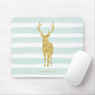 Stijlvolle Faux Gold Foil Deer op Mint Stripes Muismat