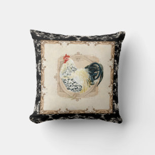 stijlvolle, Franse Damask Black in White Rooster Kussen