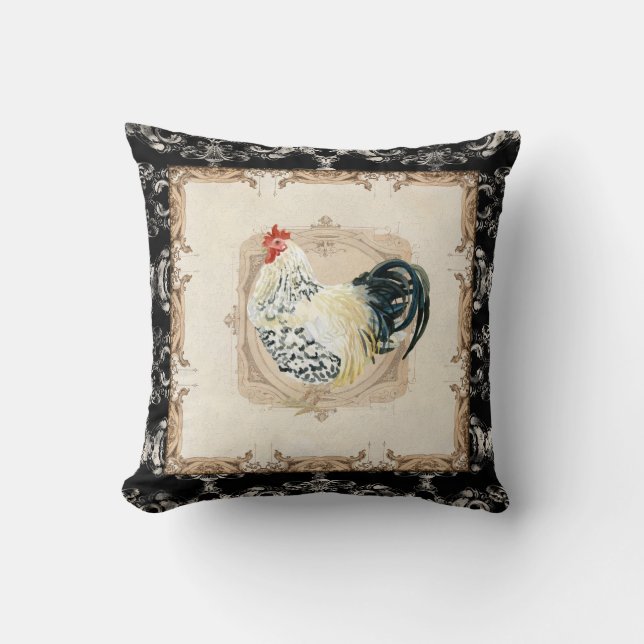  stijlvolle, Franse Damask Black in White Rooster Kussen (Voorkant)