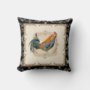 stijlvolle, Franse Damask Black in White Rooster Kussen