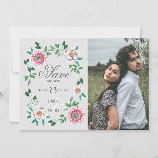 Stijlvolle geverfde bloem bespaart de datum save the date (Voorkant)