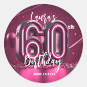 Stijlvolle glamour felroze neon gloed 60e verjaard ronde sticker (Voorkant)