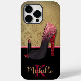 Stijlvolle Glitter Hiel, Lipstick & Monogram Case-Mate iPhone 14 Pro Max Hoesje