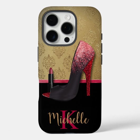 Stijlvolle Glitter Hiel, Lipstick & Monogram Case-Mate iPhone Case (Achterkant)