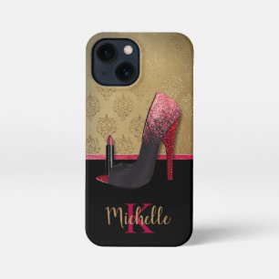 Stijlvolle Glitter Hiel, Lipstick & Monogram iPhone 13 Mini Hoesje