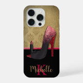 Stijlvolle Glitter Hiel, Lipstick & Monogram iPhone Hoesje (Achterkant)