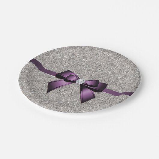 Stijlvolle Glitzy Sequins, Paarse Bow en lint Papieren Bordje (Gekanteld)
