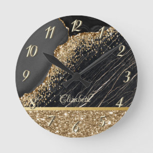 Stijlvolle Gold Glitter Sequins Black Marble Ronde Klok