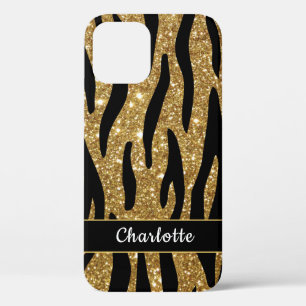 Stijlvolle Gold Glitter Tiger Stripe Name iPhone 12 Hoesje