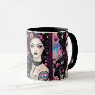 Stijlvolle Gothic Tattoo Meisje Zwart en Roze Mok