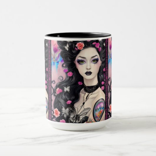 Stijlvolle Gothic Tattoo Meisje Zwart en Roze Mok (Midden)