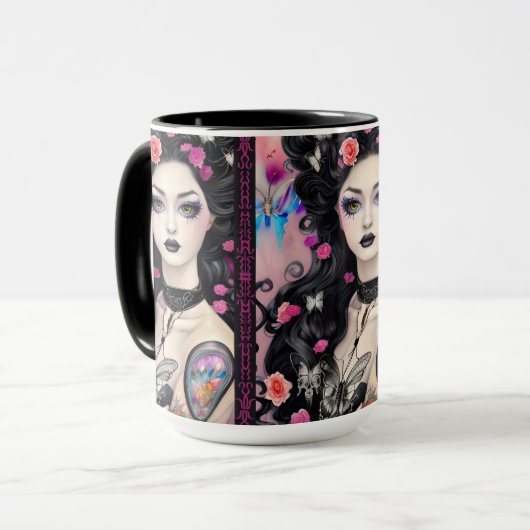 Stijlvolle Gothic Tattoo Meisje Zwart en Roze Mok (Voorkant links)