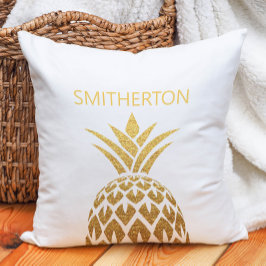 Stijlvolle gouden ananas witte familienaam kussen