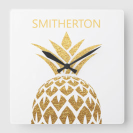 Stijlvolle gouden ananas witte familienaam vierkante klok