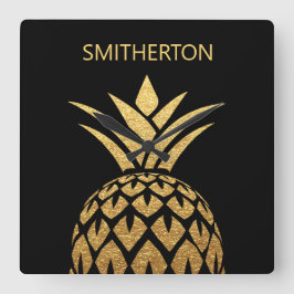 Stijlvolle gouden ananas zwarte familienaam vierkante klok