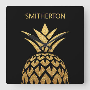 Stijlvolle gouden ananas zwarte familienaam vierkante klok
