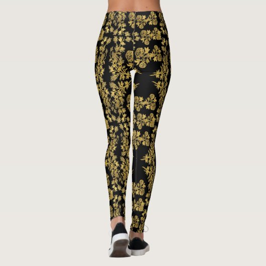 Stijlvolle gouden bloemenprint op zwart leggings (Achterkant)