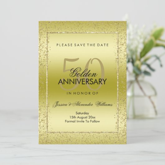Stijlvolle gouden confetti 50ste verjaardag huweli save the date (Staand voorkant)