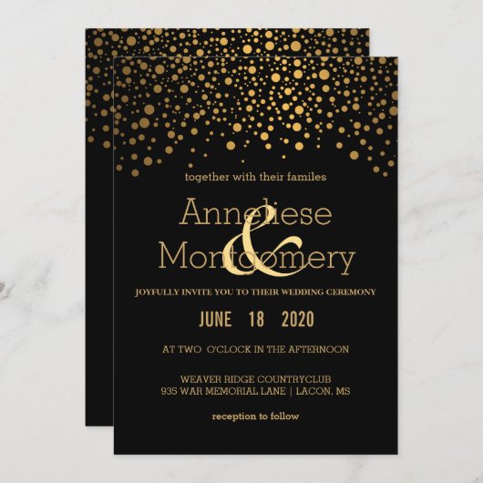 Stijlvolle gouden confetti en zwarte trouwuitnodig kaart (Voorkant / Achterkant)