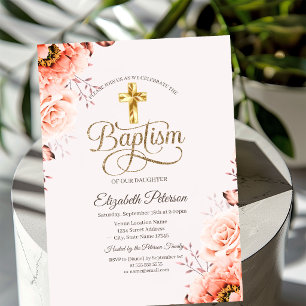 Stijlvolle gouden kruisrozen Roze doop Kaart
