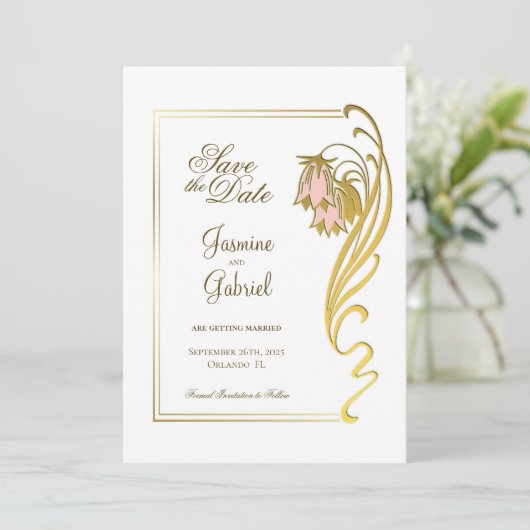 Stijlvolle gouden Lijst bruiloft Save The Date (Staand voorkant)