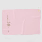 Stijlvolle Gouden Monogram Naam Script Blush Pink Golfhanddoek (Horizontaal)