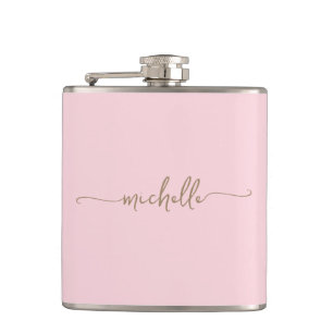 Stijlvolle Gouden Monogram Naam Script Roze Rood Heupfles