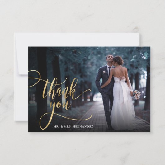 Stijlvolle gouden script 2 foto bruiloft dank u ka bedankkaart (Voorkant)