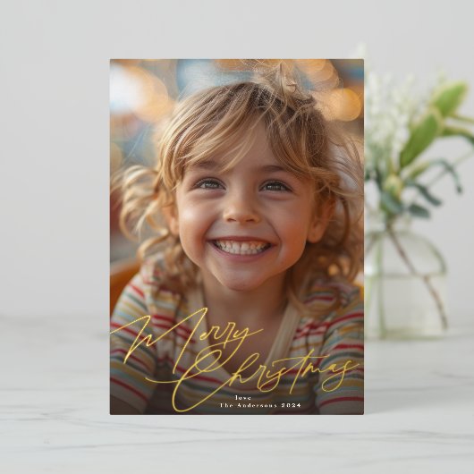 Stijlvolle gouden typografie Vrolijke kerstfoto Folie Feestdagenkaart (Staand Voorkant)