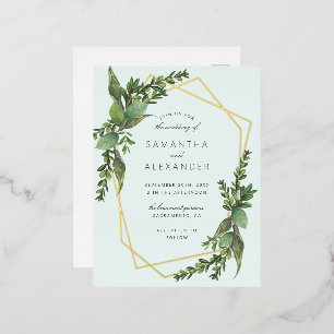 Stijlvolle Greenery Mint & Gold Geometric Wedding Folie Uitnodiging Briefkaart