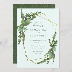 Stijlvolle Greenery Mint & Gold Geometric Wedding Kaart