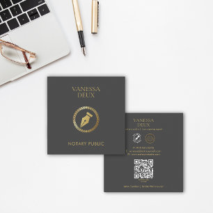 Stijlvolle Grijs & Goud Notaris Pen QR Logo Elegan Vierkante Visitekaartje