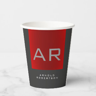 Stijlvolle Grijs Rood Trendy Monogram Naam toevoeg Papieren Bekers