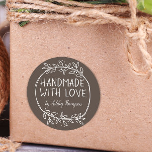 Stijlvolle groene handmade met liefde naam bruin ronde sticker