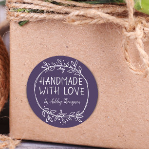 Stijlvolle groene handmade met liefde naam paars ronde sticker